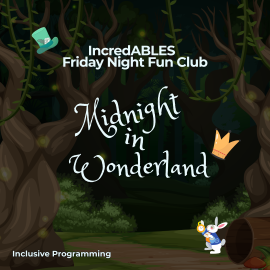 A cartoon white rabbit wearing a blue coat, holding a pocket watch. A teal top hat with a dark teal band, a gray feather, and a tag with "10/6" written on it. A stylized golden crown with red and black accents. 