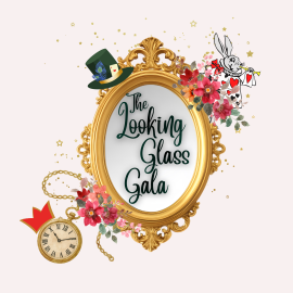 A white rabbit character in a suit adorned with heart symbols, holding a scroll and blowing a horn. A vintage pocket watch with a gold chain and Roman numerals on the face. An oval mirror with an ornate, gilded frame featuring scrolling acanthus leaf designs. A dark green top hat adorned with peacock feathers and an ace of hearts playing card. A watercolor floral arrangement with red, pink, and orange flowers and green and green and brown leaves. A stylized red crown with sharp points.