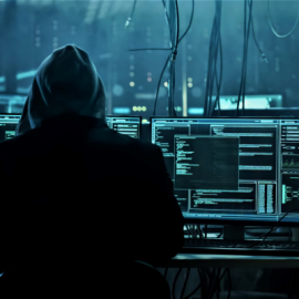 Person in black jacket sitting in front of a computer coding