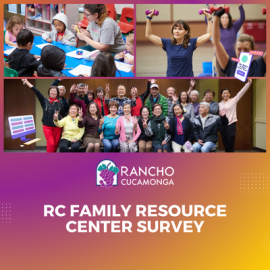 preschool children interacting with teacher, older woman lifting dumbells, group of seniors smiling, city of rancho cucamonga logo, rc family resource center survey