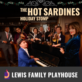 Promotional graphic for The Hot Sardines Holiday Stomp. Image shows a band performing indoors with various instruments, including a piano, brass instruments, and a string bass, all arranged in a warm, lounge-like setting. At the top of the graphic, a decorative Christmas garland is displayed; it features stylized greenery, red berries, and symmetrical flourishes framing a small snowflake design in the center. Footer text reads: “Lewis Family Playhouse.”