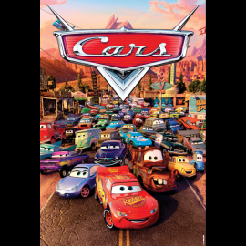 A colorful animated movie poster featuring a street in Radiator Springs filled with many cartoon cars with expressive eyes. In the foreground, several brightly colored cars face forward, including a red race car and a rusty tow truck. Behind them, a busy crowd of various uniquely designed vehicles fills the road. The background shows desert rock formations, small-town buildings, and a warm sunset sky. At the top of the poster is a shiny red emblem with chrome accents displaying the word “Cars.”