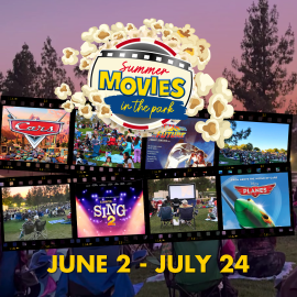 A promotional graphic for “Summer Movies in the Park,” featuring a large film‑themed logo surrounded by popcorn at the top. Below the logo, a filmstrip displays scenes including animated movie posters and photos of crowds gathered outdoors on lawn chairs and blankets. The background shows a park at sunset with tall trees silhouetted against the sky. At the bottom, bold yellow text reads “June 2 – July 24.