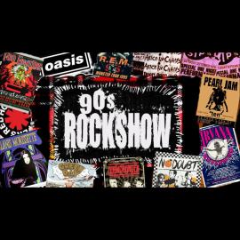 A collage-style graphic featuring logos and posters of well‑known 1990s rock bands surrounding the bold title “90s Rockshow” in the center.