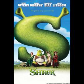 SHREK movie poster featuring a large green "s" with ogre ears and main characters.. 