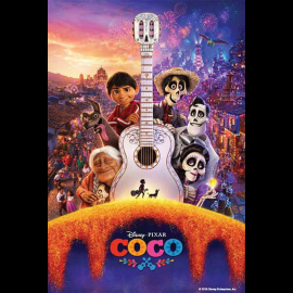 A colorful movie poster for Disney Pixar’s “Coco,” featuring a large ornate white guitar in the center, surrounded by various animated characters, bright fireworks, festive city scenery, and marigold petals cascading across the bottom.