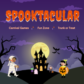 Spooktacular event graphic with a dark purple night sky, a large full moon, and a haunted house at the center. Silhouetted trees frame the scene, along with flying bats. Various illustrated children in costumes, including a mummy, a small creature, a ghost, a skeleton, and a pumpkin outfit, walk and stand in front of the haunted house. The top of the graphic has the word ‘Spooktacular’ in large orange letters with dripping effects, followed by smaller text reading ‘Carnival Games,’ ‘Fun Zone,’ and ‘Trunk or