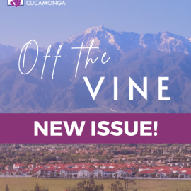 Promotional graphic for the City of Rancho Cucamonga's Off the Vine newsletter. The background features a scenic view of the San Gabriel Mountains above a residential neighborhood. The City of Rancho Cucamonga logo appears in the upper left corner. Centered text reads, "Off the Vine," with a purple banner below displaying the words "NEW ISSUE!" in white capital letters.
