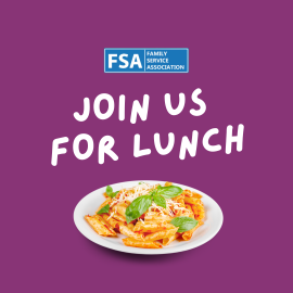 Graphic with a purple background featuring the FSA Family Service Association logo at the top. Large white text in a playful font reads 'Join Us for Lunch.' Below the text is a plate of penne pasta topped with tomato sauce, shredded cheese, and fresh basil leaves.