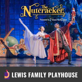 Promotional Graphic for The Nutcracker. Text reads: "The Nutcracker Presented by Inland Pacific Ballet." Image shows: two performers onstage in Nutcracker-themed costumes, with one holding a nutcracker figure and a colorful illustrated backdrop behind them. Footer reads: Lewis Family Playhouse