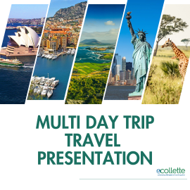A promotional graphic featuring five angled photo panels side by side, each showing a different travel destination: a harbor with the Sydney Opera House, a European coastal town with boats, a green landscape with rolling hills, the Statue of Liberty with a city skyline, and a safari scene with a giraffe in tall grass. Below the images, large green text reads “Multi Day Trip Travel Presentation.” A small logo in the lower right corner reads “Collette – celebrating 100 years of travel together.