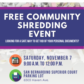 Promotional graphic for the City of Rancho Cucamonga’s Free Community Shredding Event, featuring the City and Burrtec logos. The event takes place Saturday, November 7, from 9:00 a.m. to 12:00 p.m. at the San Bernardino Superior Court Parking Lot, 8303 Haven Avenue. For more information, contact Environmental Programs at 909-919-2635. The graphic features a purple and white design with a background of shredded paper and colorful calendar and shredder icons.