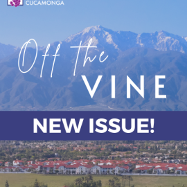 New issue announcement of Rancho Cucamonga’s “Off the Vine” newsletter. The City of Rancho Cucamonga logo and the words “Off the Vine – New Issue!” appear over a scenic view of the San Gabriel Mountains and the Rancho Cucamonga community.
