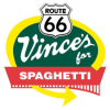 Logo featuring a Route 66 shield above the words ‘Vince’s for Spaghetti,’ with a green oval background, yellow swoosh, and red banner.